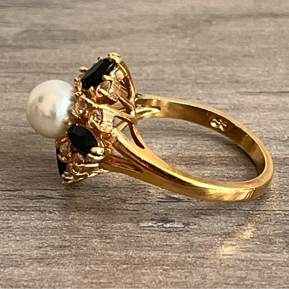 Elegant Pearl, Cubic Zirconia and Black Marquis Multi-Stone Gold Toned Ring